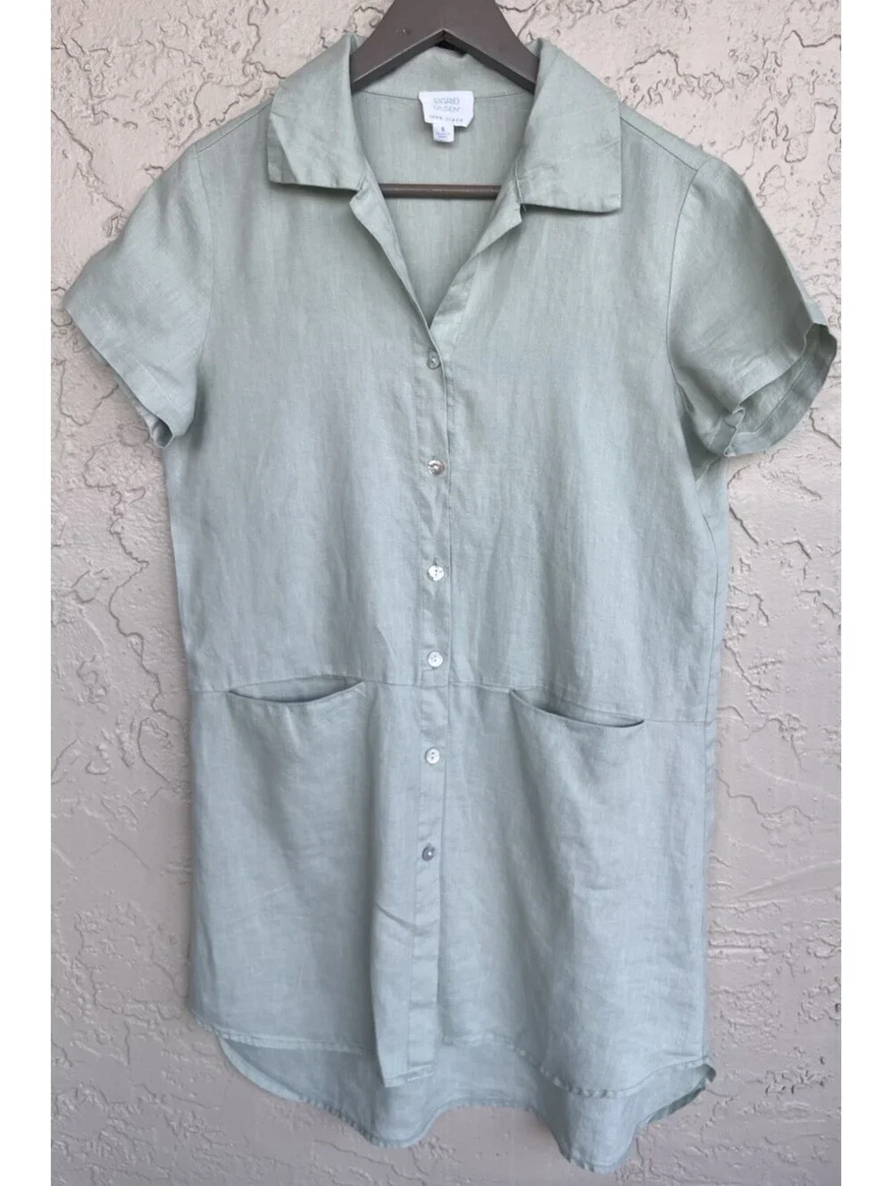 Sigrid Olsen Short Sleeves Linen Dress size Small Light Sage Green Front Pockets